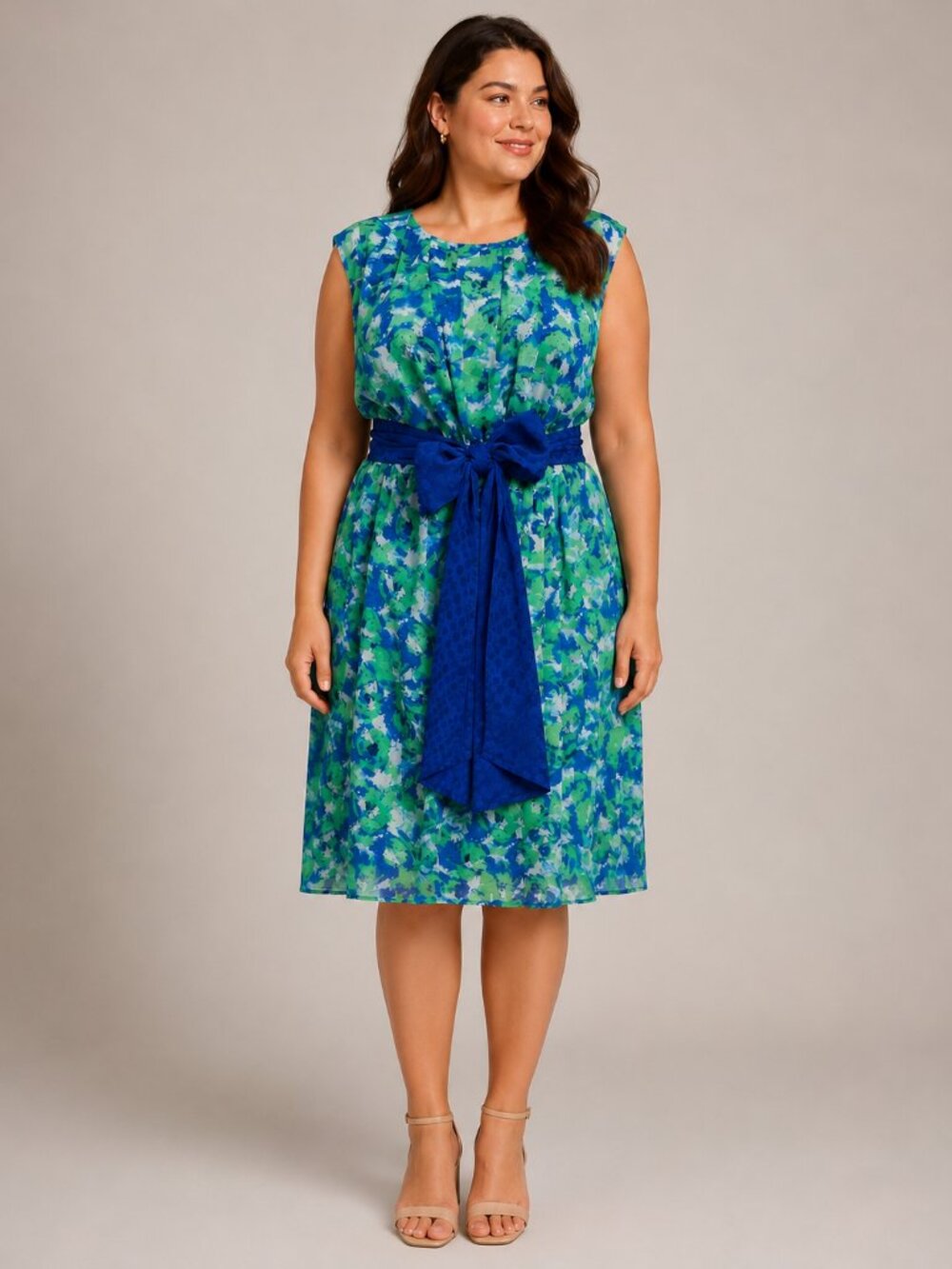 Cato Woman 18W Blue Green Floral Chiffon Belted Sleeveless Dress